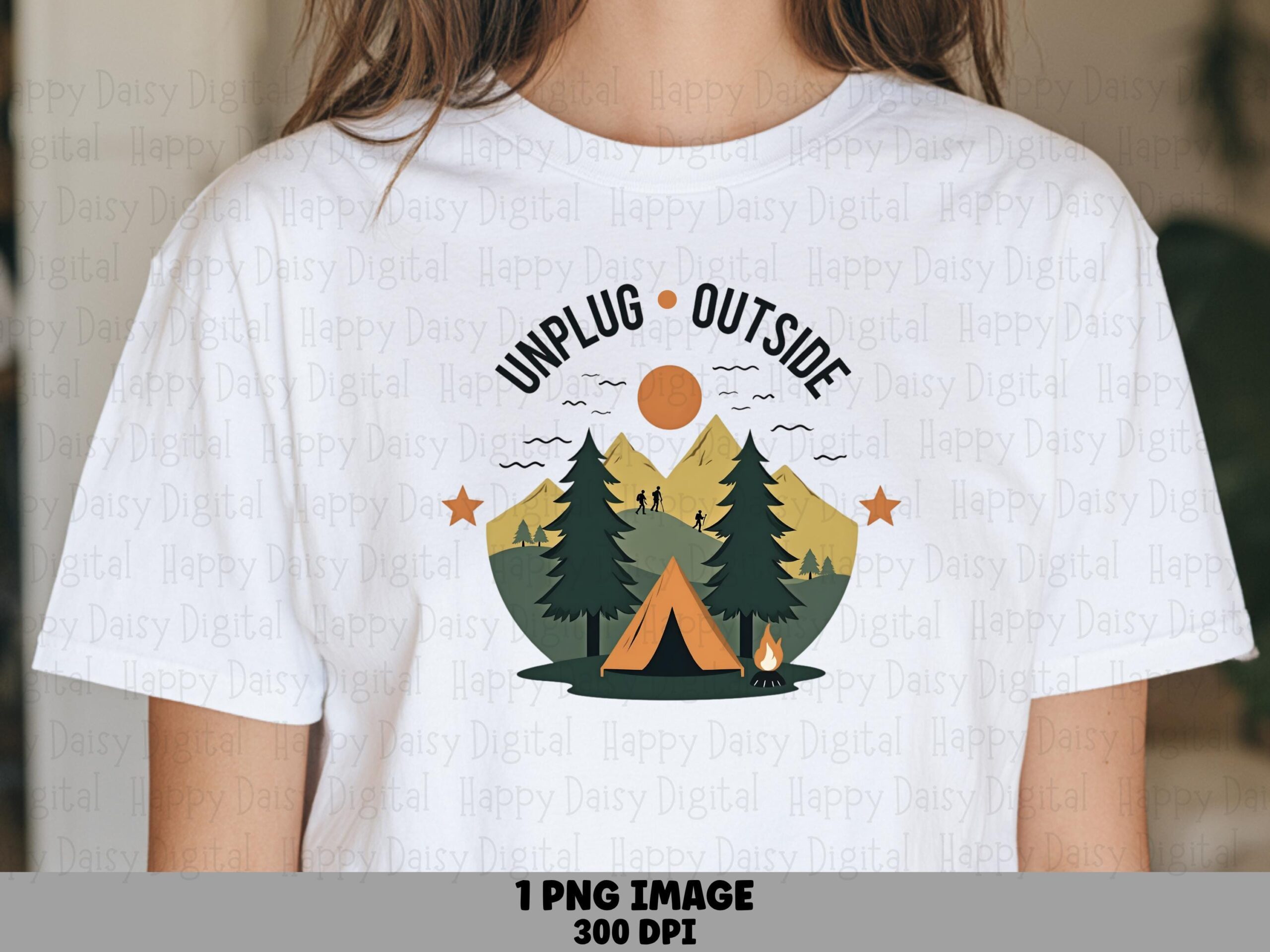 Unplug Outside PNG, Retro Badge Design | Mountains Hikers Tent Campfire, Transparent 300 DPI, Commercial Use