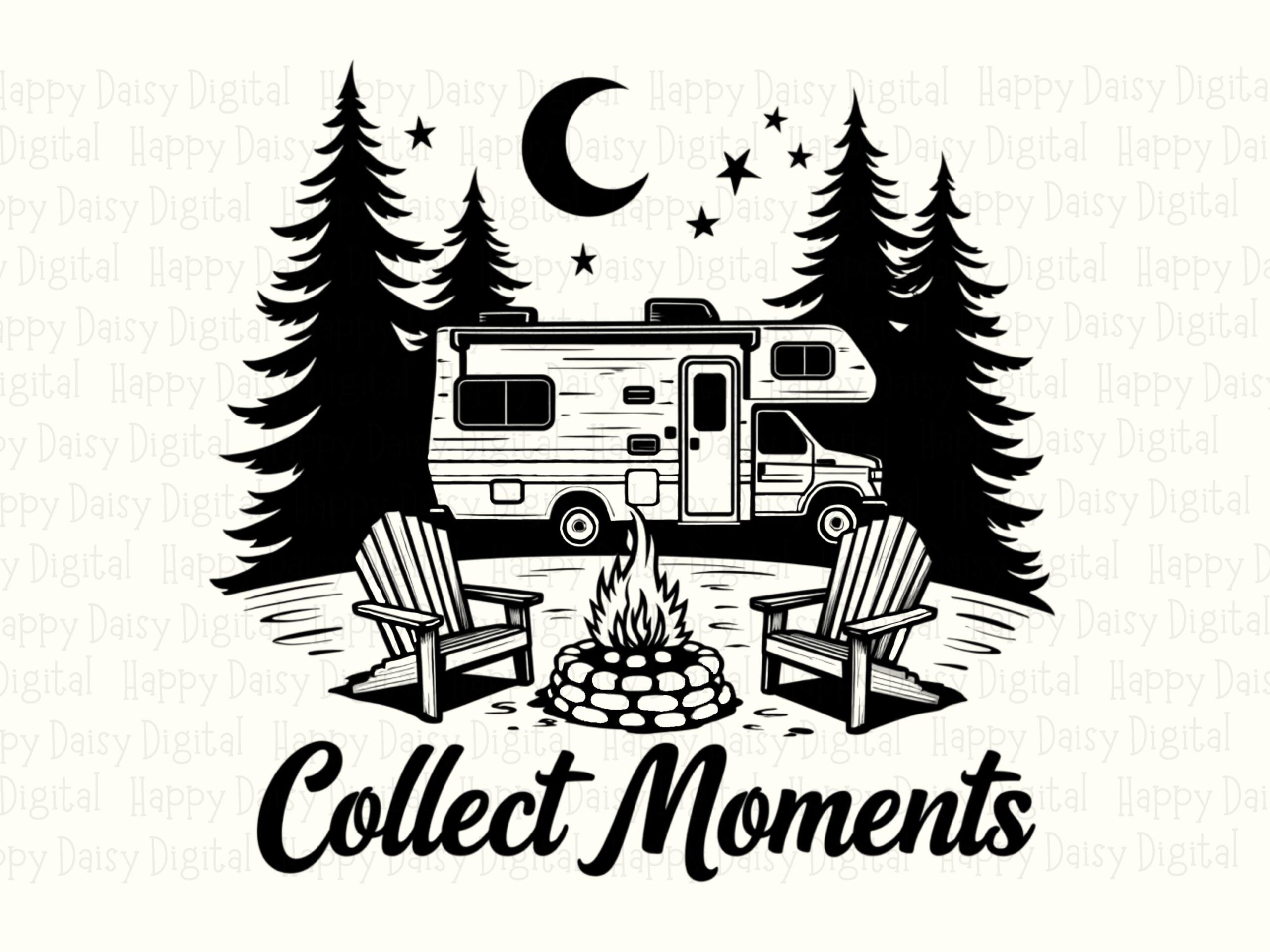 Collect Moments PNG, Line-Art Camper Scene, Campfire Chairs Under Moon | 300 DPI | Commercial Use - Image 2