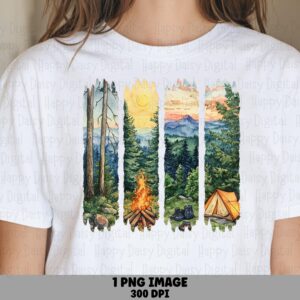 4 Panel Forest PNG, Watercolor Campfire Scenes, Glowing Tent & Hiking Boots | Sublimation, 300 DPI | Commercial License