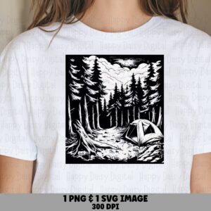 Forest Tent PNG, Woodcut Camp Scene Digital Download | Black White Illustration, SVG File, 300 DPI, Commercial Use