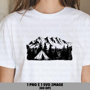 Mountain Tent PNG, Silhouette Camping Design, Pine Range Scene | SVG File, 300 DPI | Commercial Use License