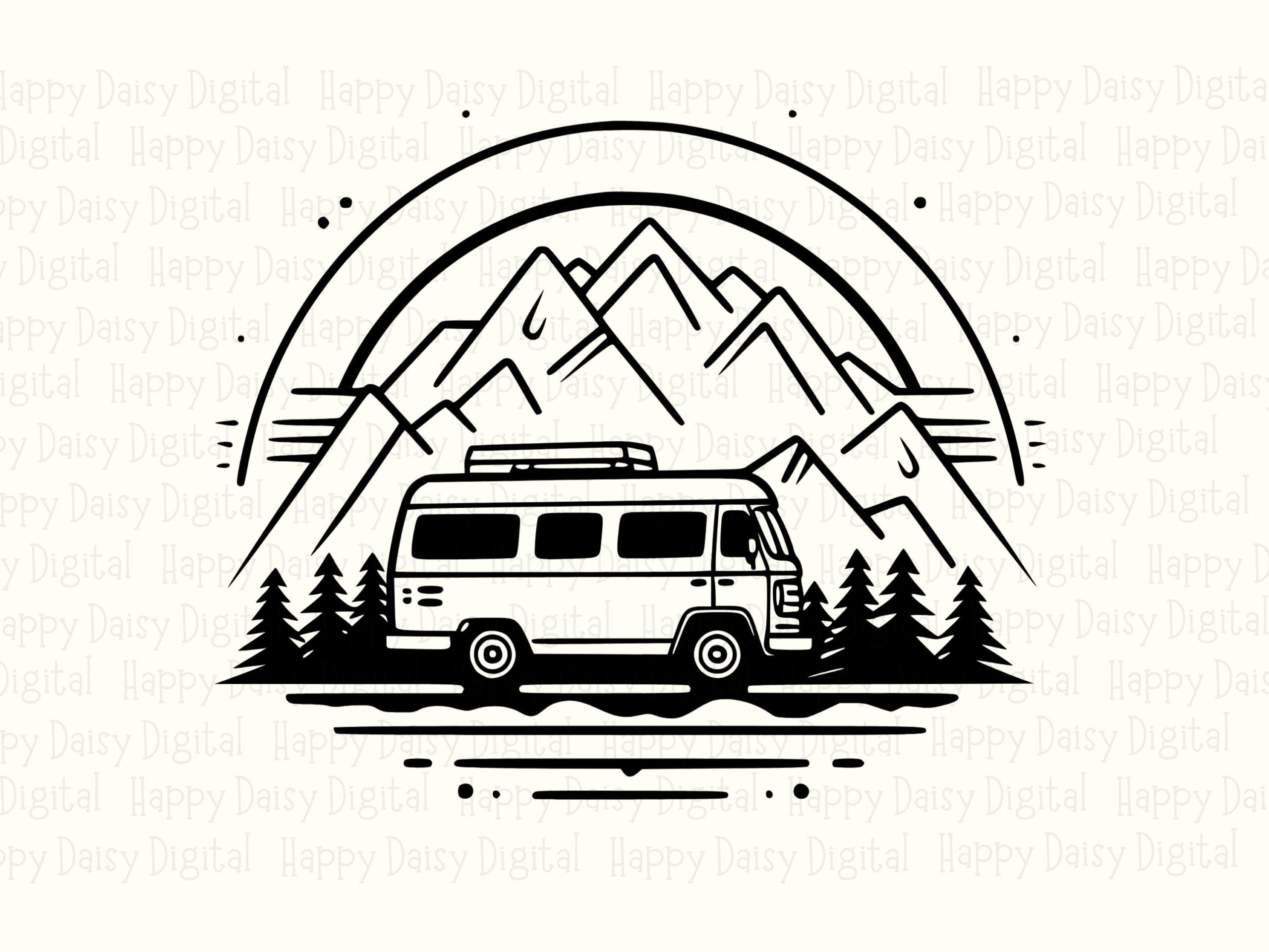 Van Mountain Png, Camper Badge Svg, Line Art Circle Emblem - Sublimation, Commercial Use, 300Dpi - Image 2