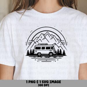 Van Mountain Png, Camper Badge Svg, Line Art Circle Emblem - Sublimation, Commercial Use, 300Dpi