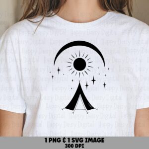 Boho Tent Png, Minimalist Moon Sun Camping Clipart | SVG File, 300 DPI | Commercial License, POD Sellers