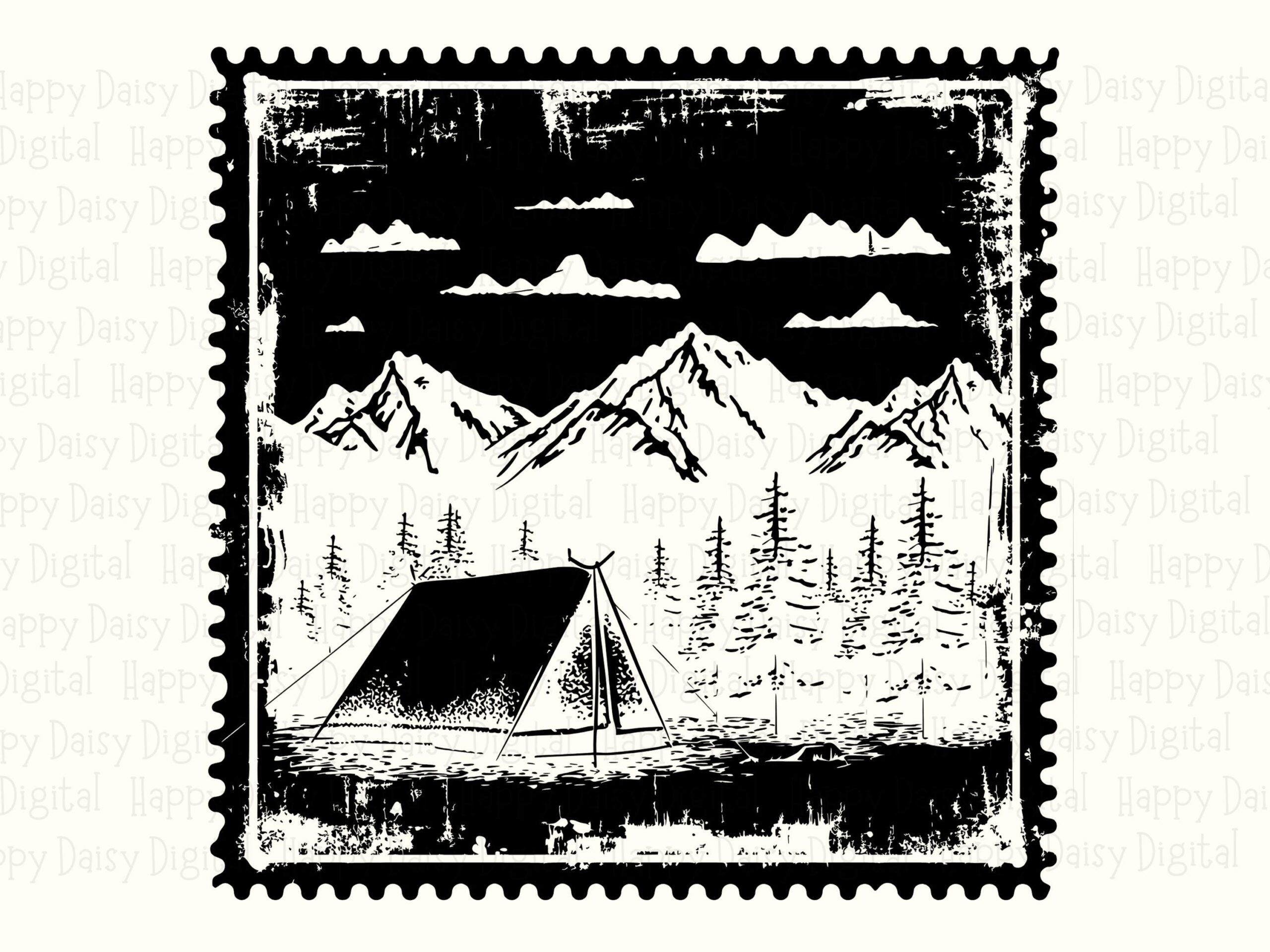 Vintage Stamp Design, Distressed Camping Postage Scene - SVG, Transparent PNG, Commercial License - Image 2