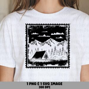 Vintage Stamp Design, Distressed Camping Postage Scene - SVG, Transparent PNG, Commercial License