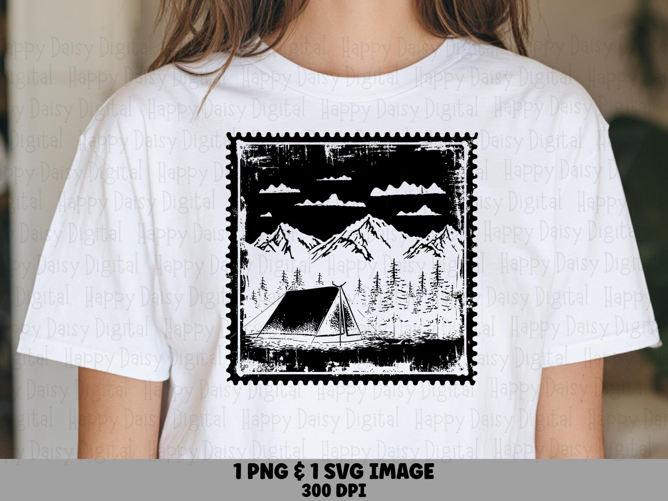 Vintage Stamp Design, Distressed Camping Postage Scene - SVG, Transparent PNG, Commercial License