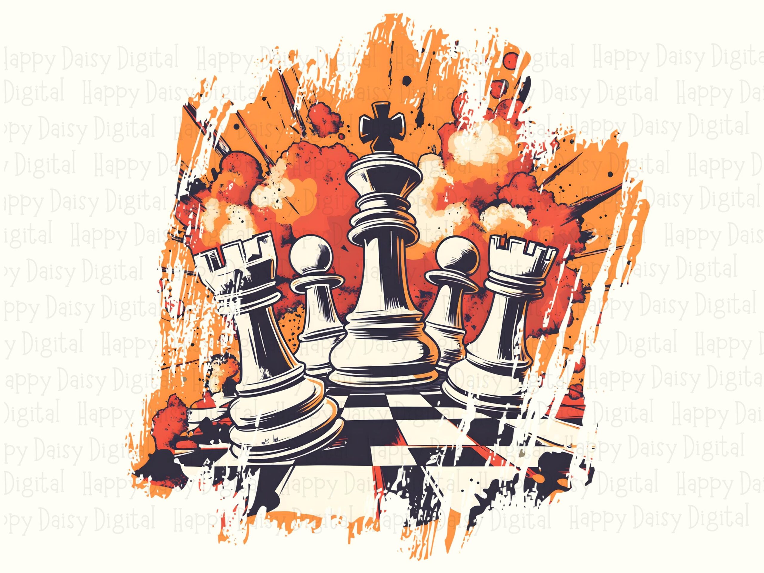 Chess Splash PNG, Grunge Paint Splatter Art - Orange Pieces, Sublimation Commercial Use | 300 DPI, POD Friendly - Image 2