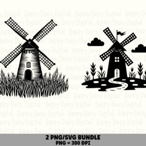Windmill Bundle Png, Vintage Silhouette Clipart Set, Wheat Field & Pond Scenes | SVG, Print-Ready 300 DPI | Commercial Use License