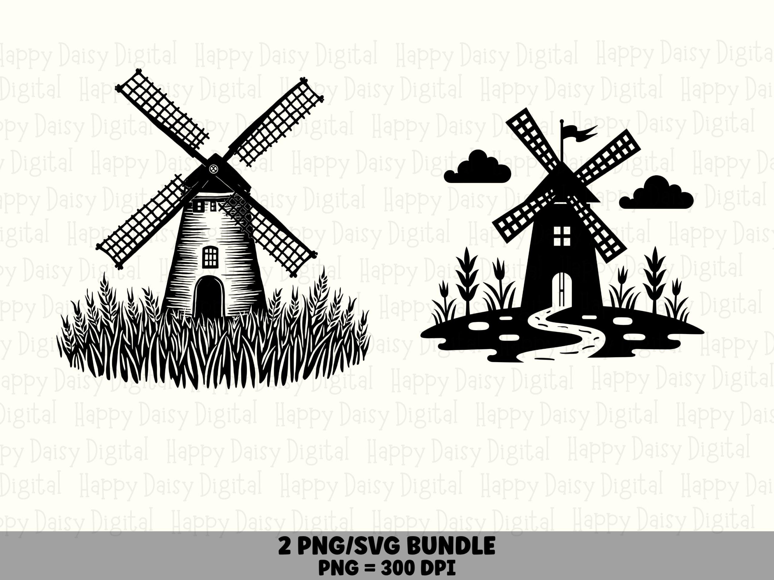 Windmill Bundle Png, Vintage Silhouette Clipart Set, Wheat Field & Pond Scenes | SVG, Print-Ready 300 DPI | Commercial Use License