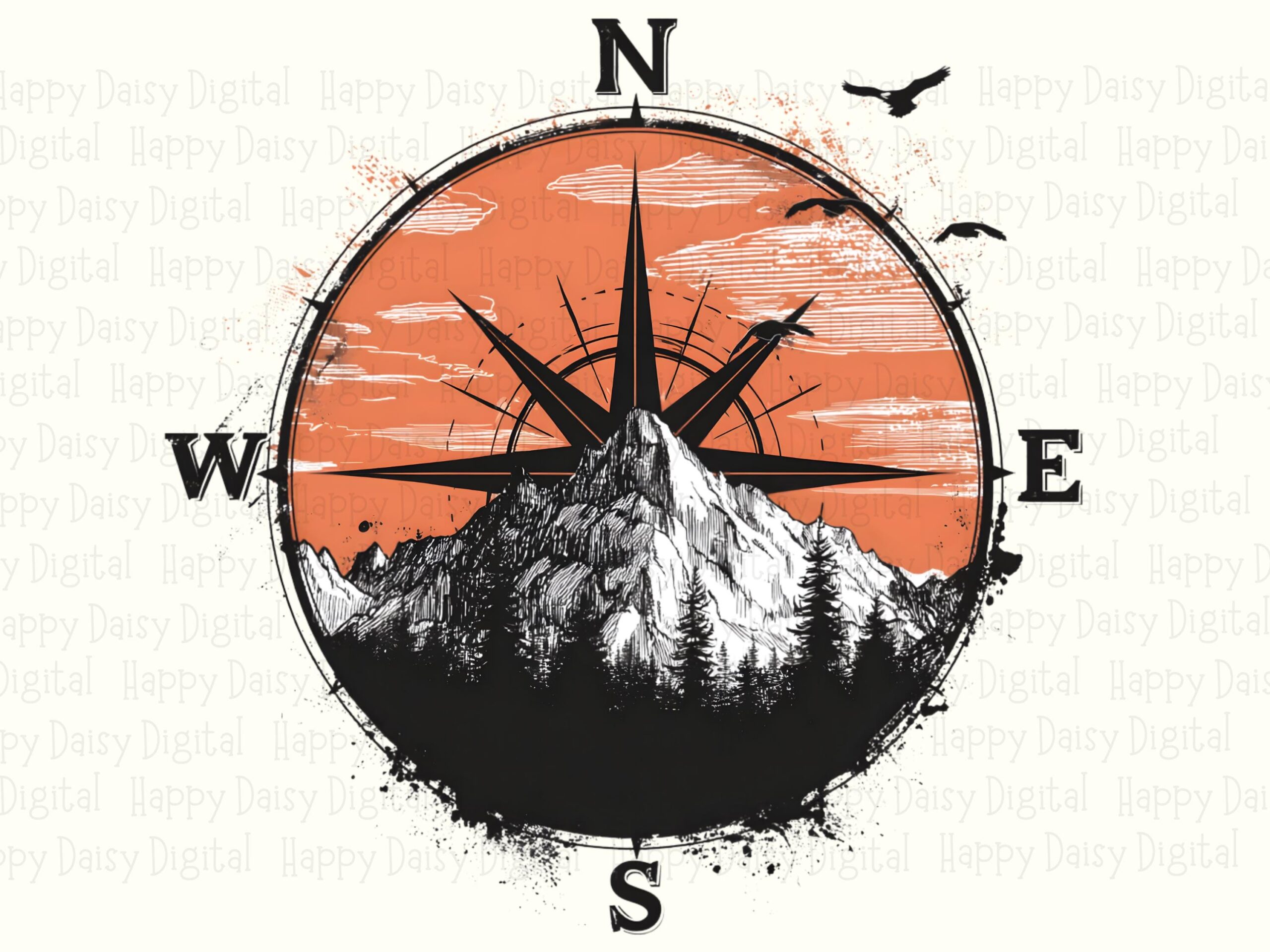 Compass Sunset Badge, Distressed Mountain Rose PNG - Orange Circle, Pine Forest, 300 DPI | Commercial Use - Image 2