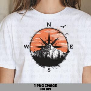 Compass Sunset Badge, Distressed Mountain Rose PNG - Orange Circle, Pine Forest, 300 DPI | Commercial Use