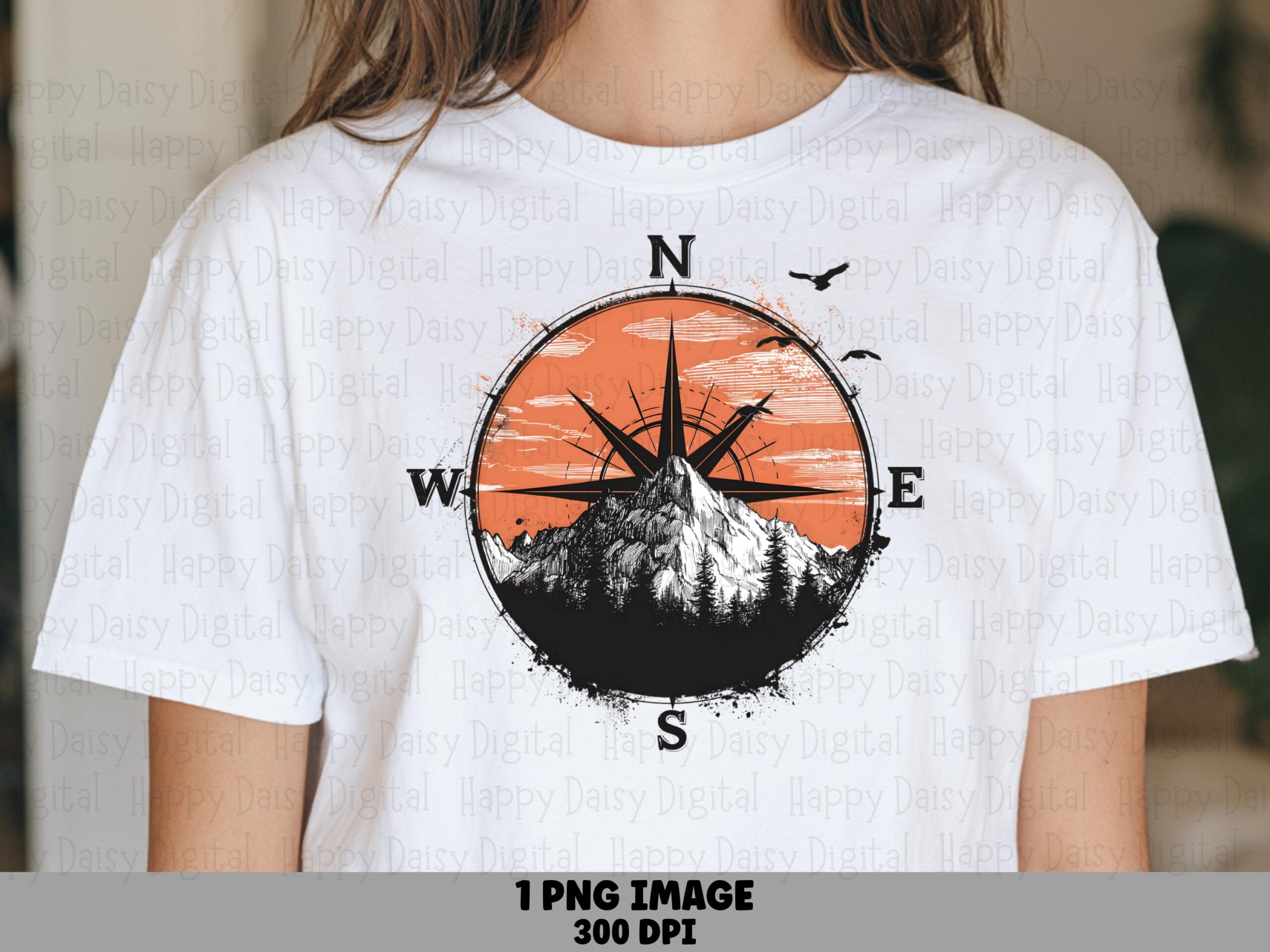 Compass Sunset Badge, Distressed Mountain Rose PNG - Orange Circle, Pine Forest, 300 DPI | Commercial Use