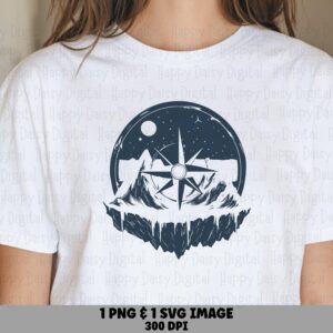 Night Sky Compass, Starry Mountain PNG SVG | Navy Celestial Clipart, Print-Ready 300 DPI | Commercial Use Sublimation