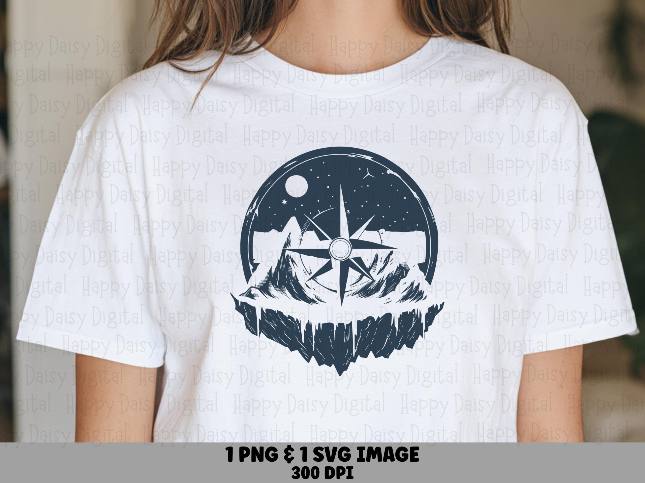 Night Sky Compass, Starry Mountain PNG SVG | Navy Celestial Clipart, Print-Ready 300 DPI | Commercial Use Sublimation