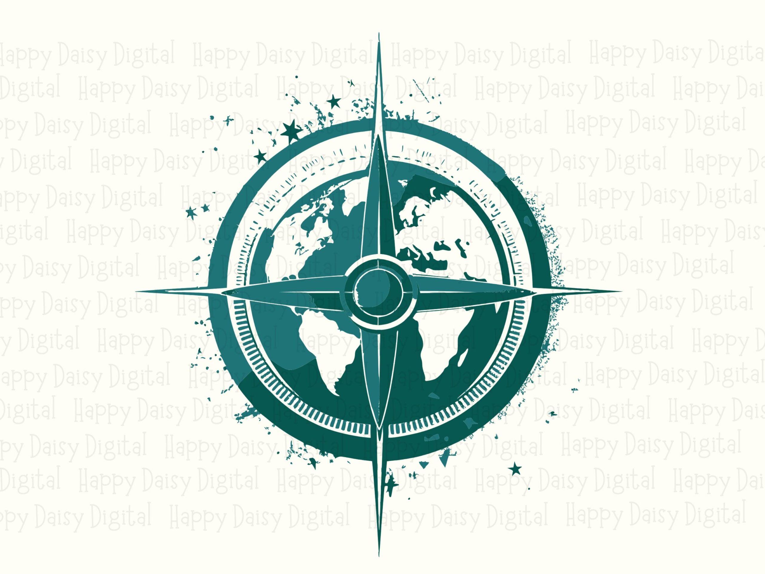 Global Compass PNG, Teal Splatter Rose Graphic | SVG Included | Print-Ready 300 DPI, Commercial Use - Image 2