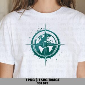 Global Compass PNG, Teal Splatter Rose Graphic | SVG Included | Print-Ready 300 DPI, Commercial Use