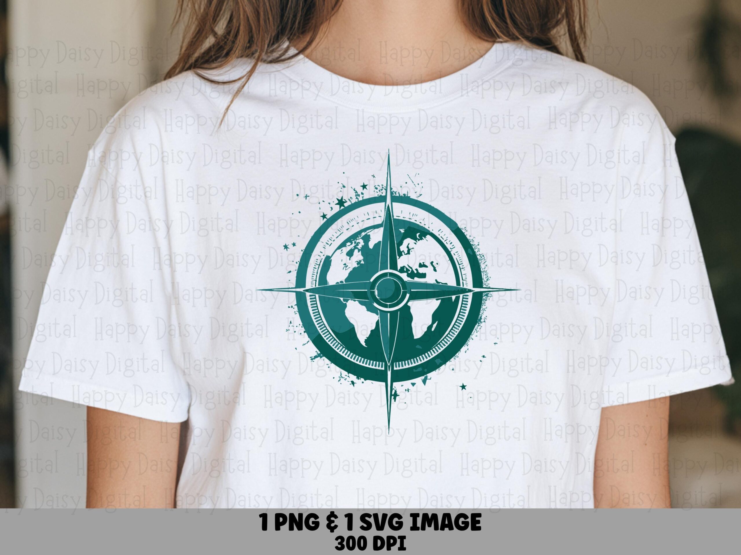 Global Compass PNG, Teal Splatter Rose Graphic | SVG Included | Print-Ready 300 DPI, Commercial Use