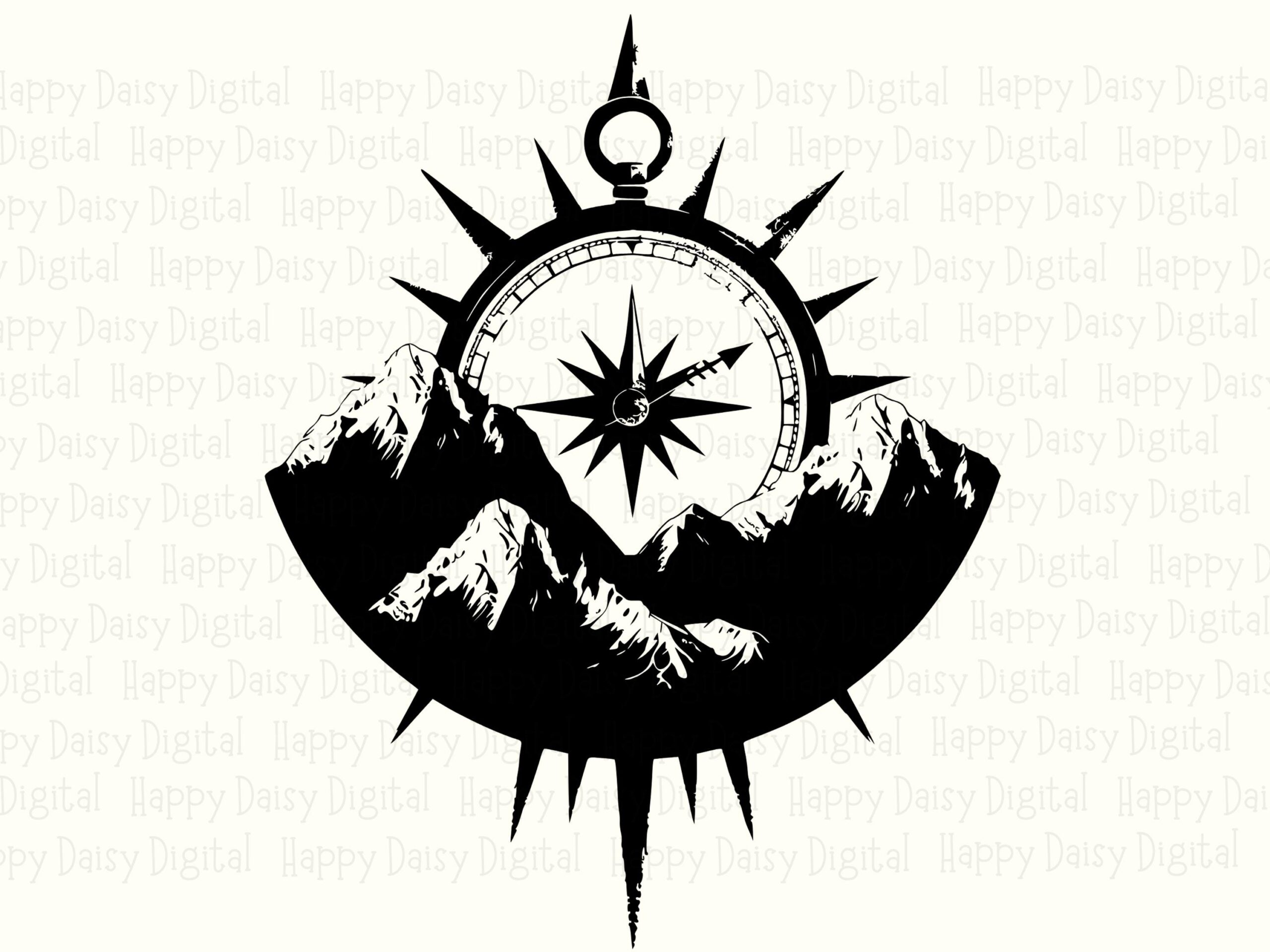 Mountain Badge SVG, Sunburst Compass Design - Rose-Style PNG | Black Silhouette | 300 DPI Print-Ready - Image 2