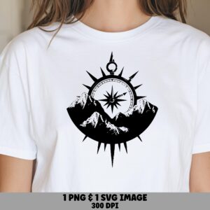 Mountain Badge SVG, Sunburst Compass Design - Rose-Style PNG | Black Silhouette | 300 DPI Print-Ready