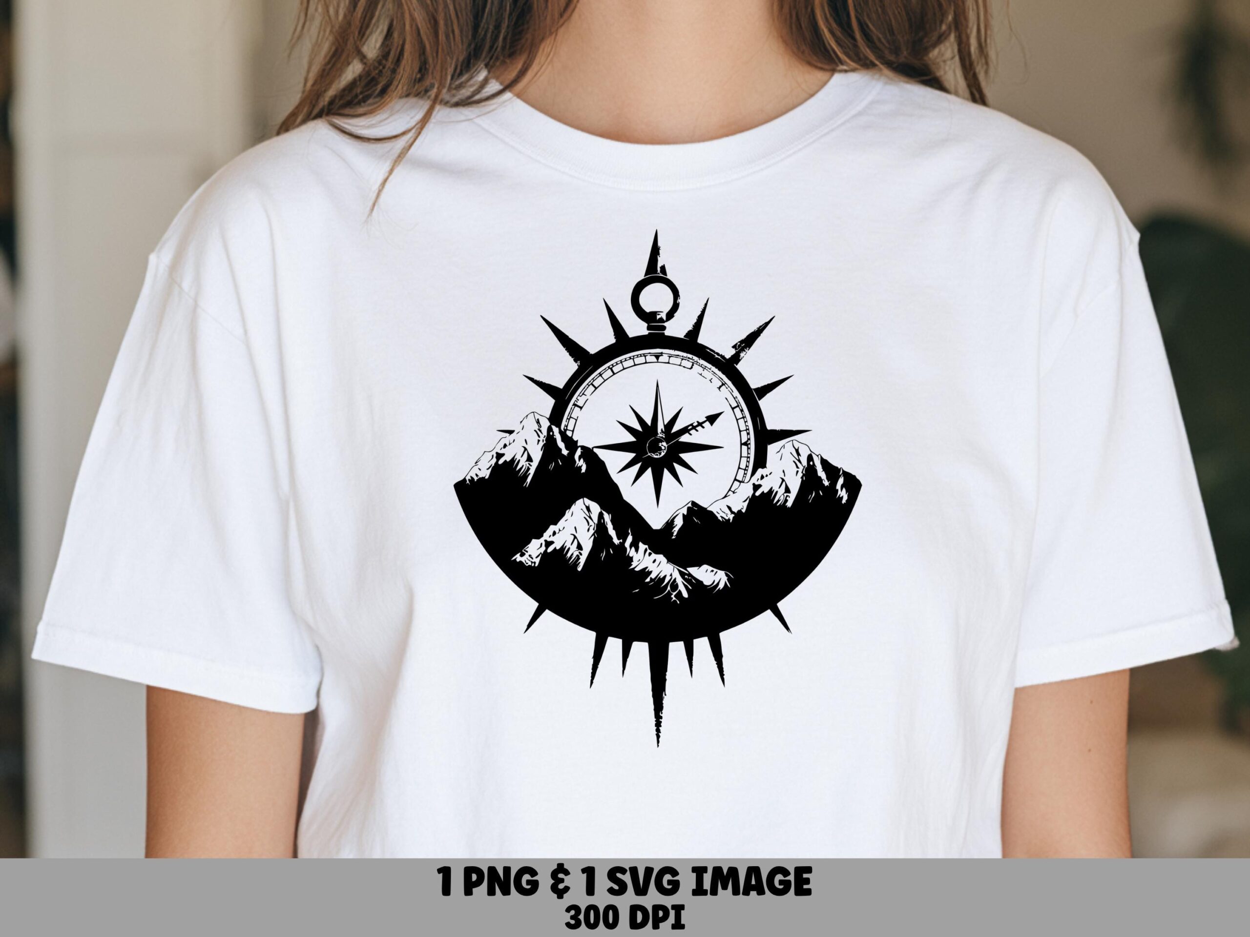 Mountain Badge SVG, Sunburst Compass Design - Rose-Style PNG | Black Silhouette | 300 DPI Print-Ready