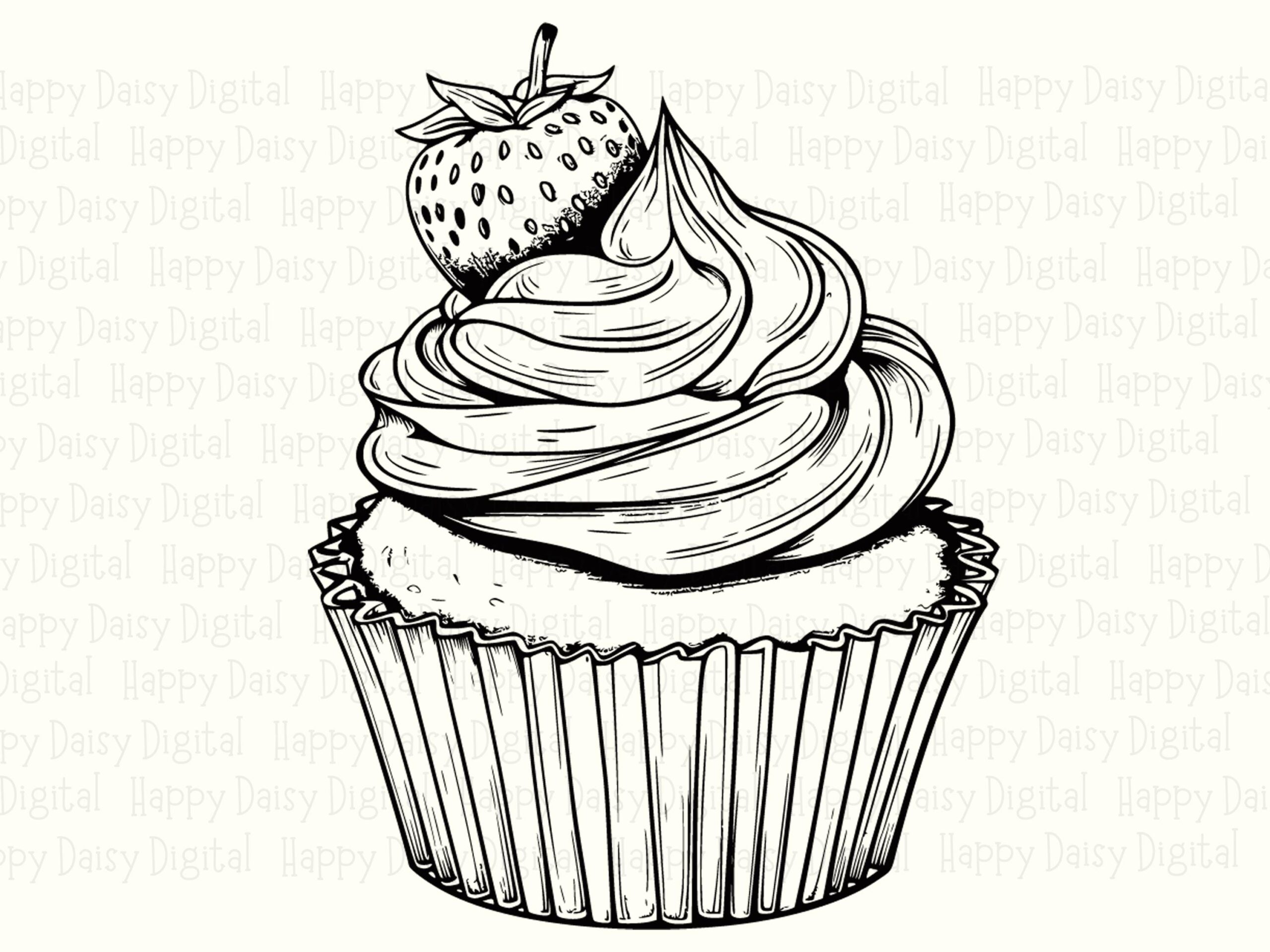 Cupcake Line Art, Hand-Drawn Strawberry Illustration | PNG SVG Files, Sublimation, Commercial License, 300 DPI - Image 2