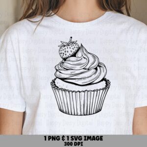 Cupcake Line Art, Hand-Drawn Strawberry Illustration | PNG SVG Files, Sublimation, Commercial License, 300 DPI