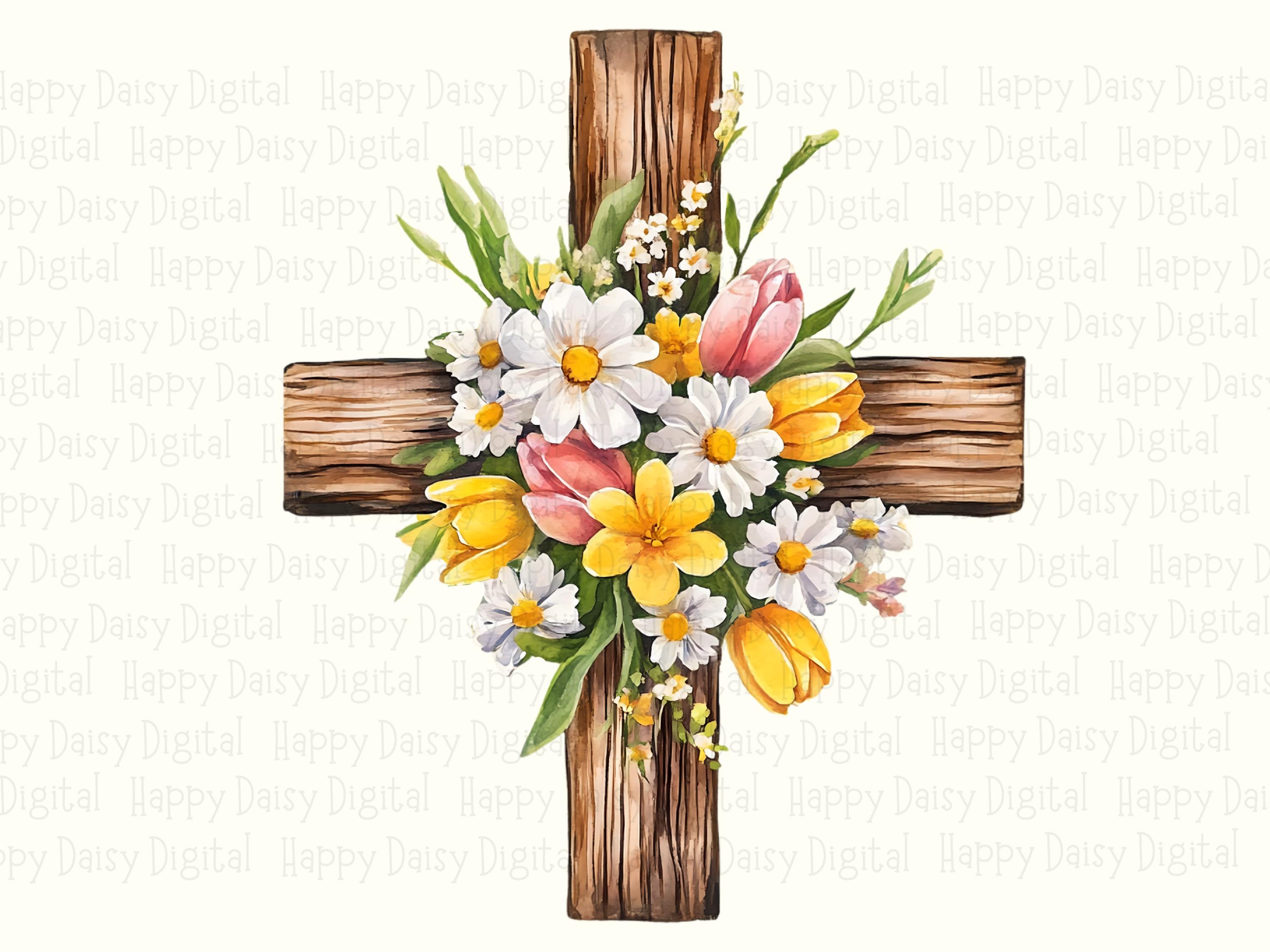 Floral Wooden Cross PNG | Sublimation Commercial Use POD - Image 2