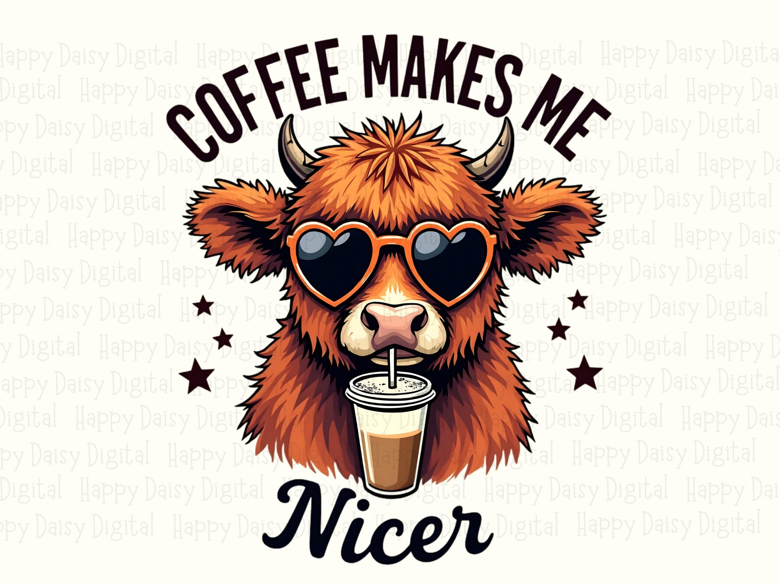 Highland Cow PNG, Shaggy With Heart Sunglasses, Iced Coffee Artwork | Sublimation, Commercial Use, 300 DPI - Image 2