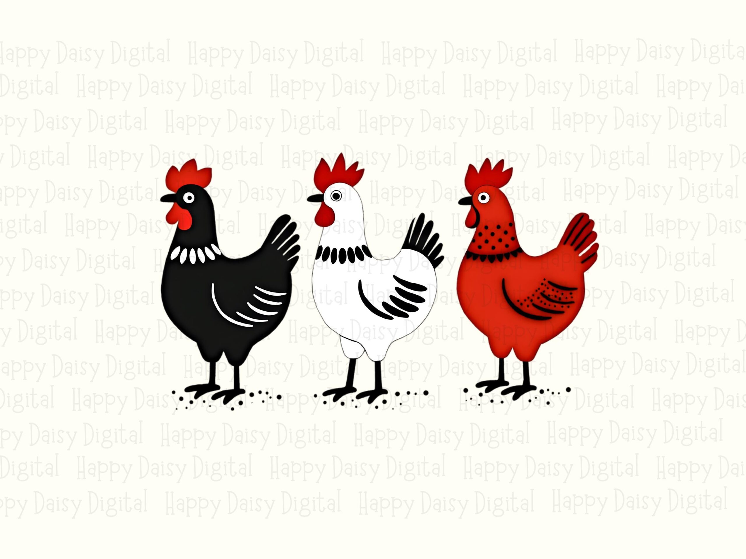 Trio Chicken Row, Silhouette, Black White Red Hens | Sublimation PNG | Transparent, 300 DPI, Commercial Use - Image 2