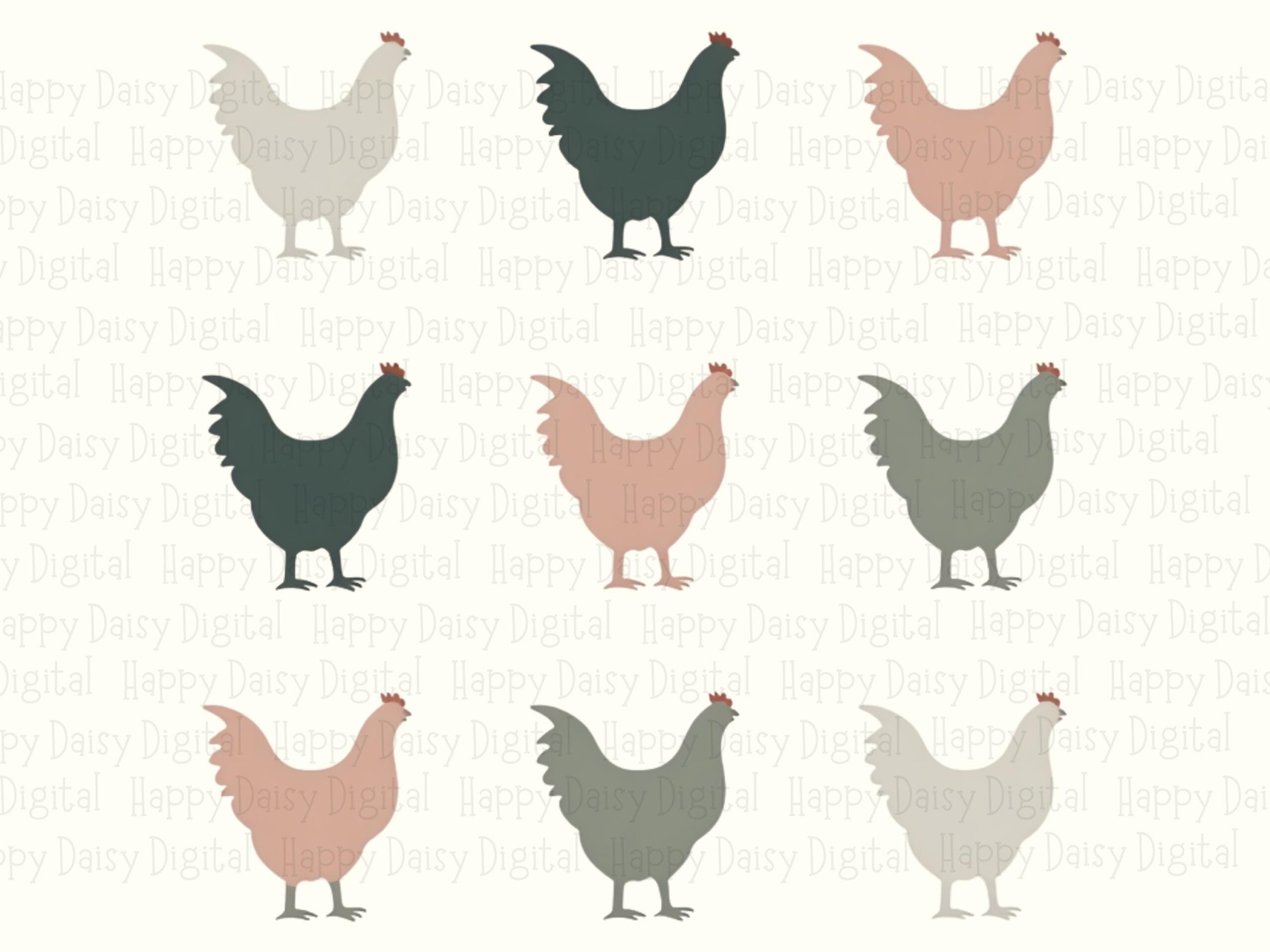 3X3 Pastel Chicken, Muted Hen Grid PNG | Transparent Clipart, 300 DPI, Sage Terracotta Cream Palette - Image 2