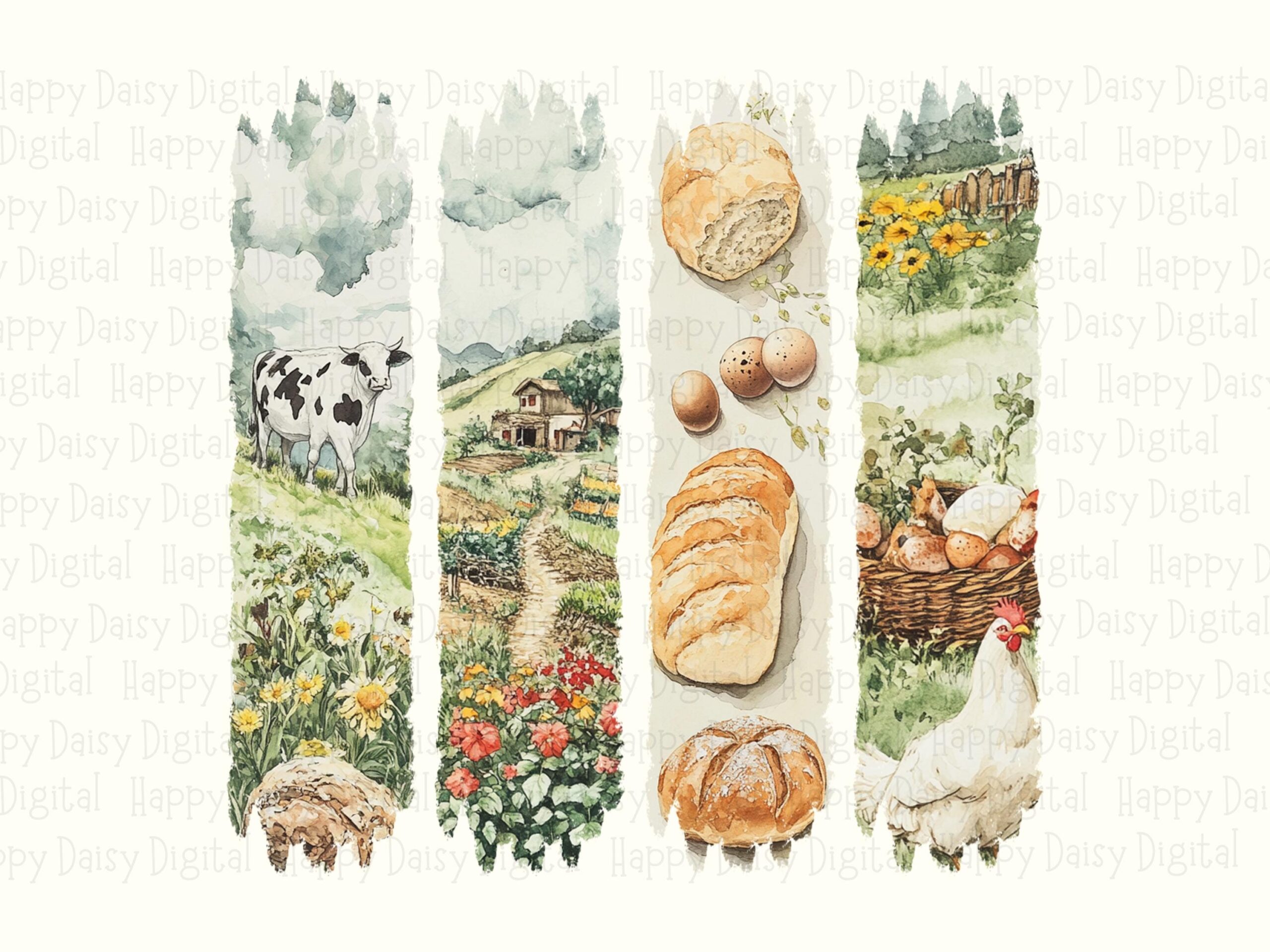 Farm Collage Panels, Watercolor Rustic Four-Panel PNG | Sublimation, Commercial Use, 300 DPI, POD - Image 2