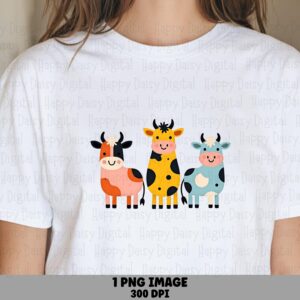 Pastel Cow Trio, Kawaii Cartoon PNG, Sublimation Clipart | Commercial Use, 300 DPI, Transparent