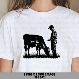 Farmer Cow PNG, Silhouette Farm Clipart - Grazing Scene, Commercial Use SVG | 300 DPI Print Ready