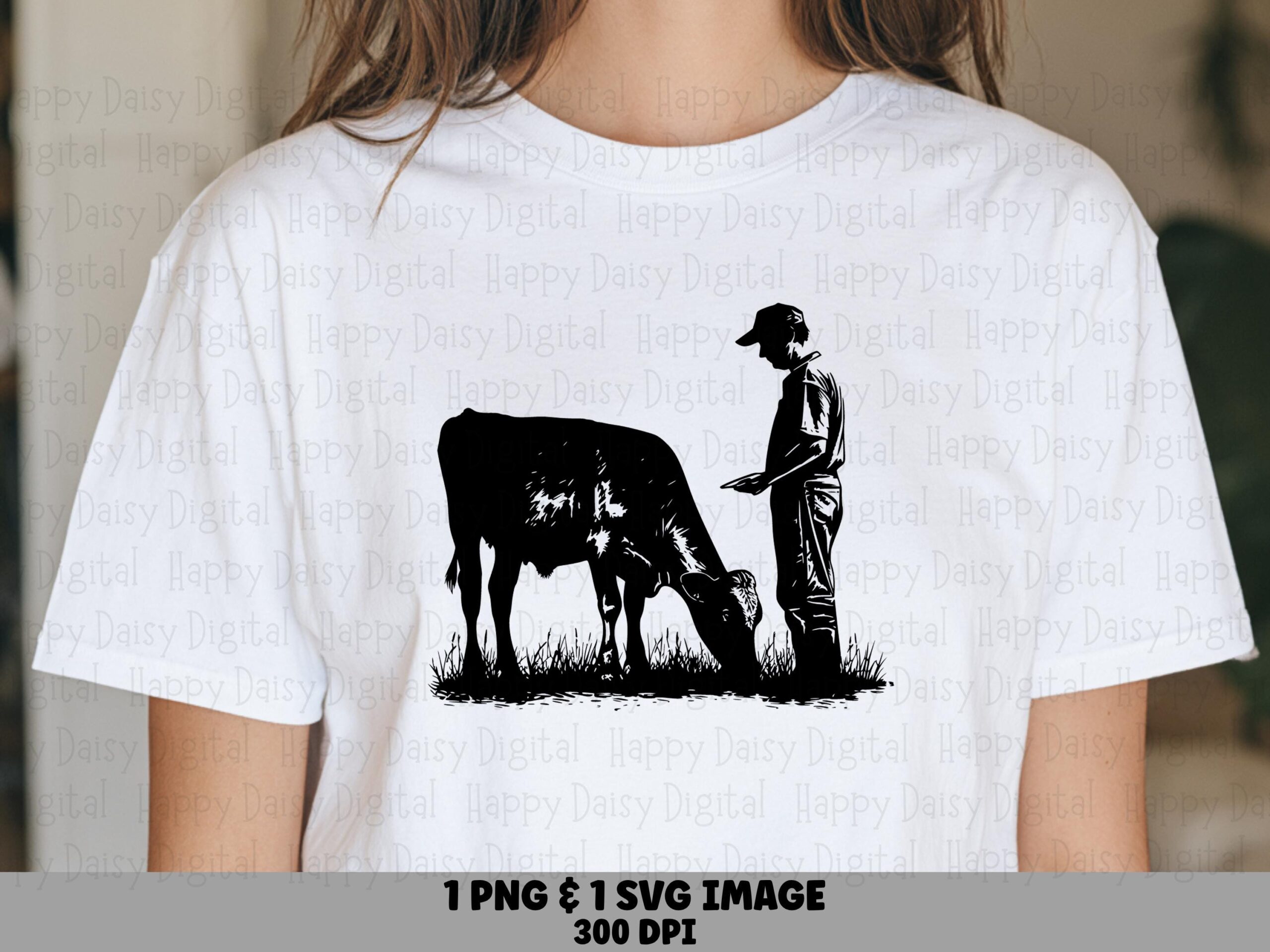 Farmer Cow PNG, Silhouette Farm Clipart - Grazing Scene, Commercial Use SVG | 300 DPI Print Ready