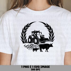 Tractor Wheat Wreath, Farmhouse Clipart PNG+SVG | Emblem With Cow-Calf Silhouette, 300 DPI, Print-Ready