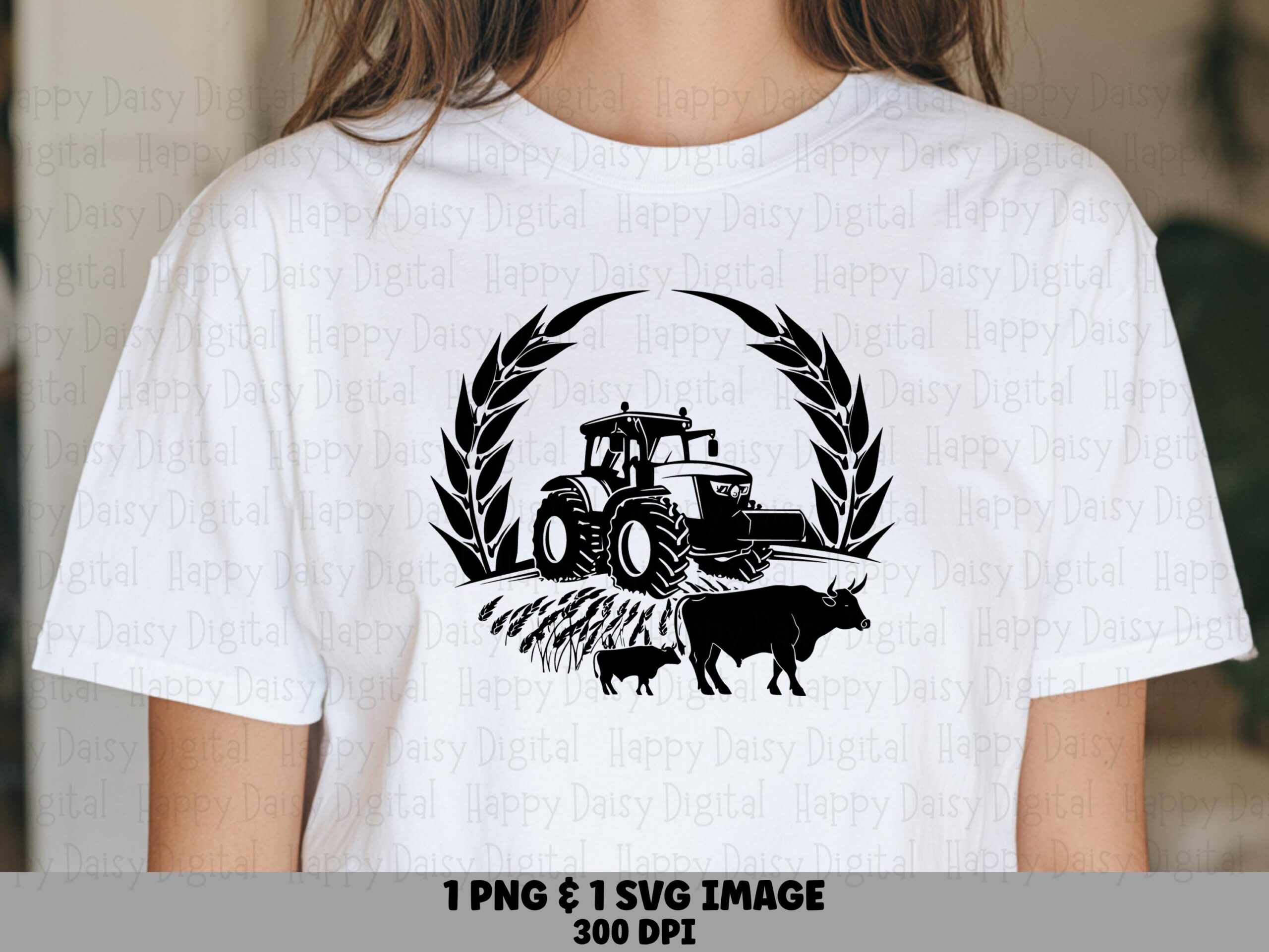 Tractor Wheat Wreath, Farmhouse Clipart PNG+SVG | Emblem With Cow-Calf Silhouette, 300 DPI, Print-Ready