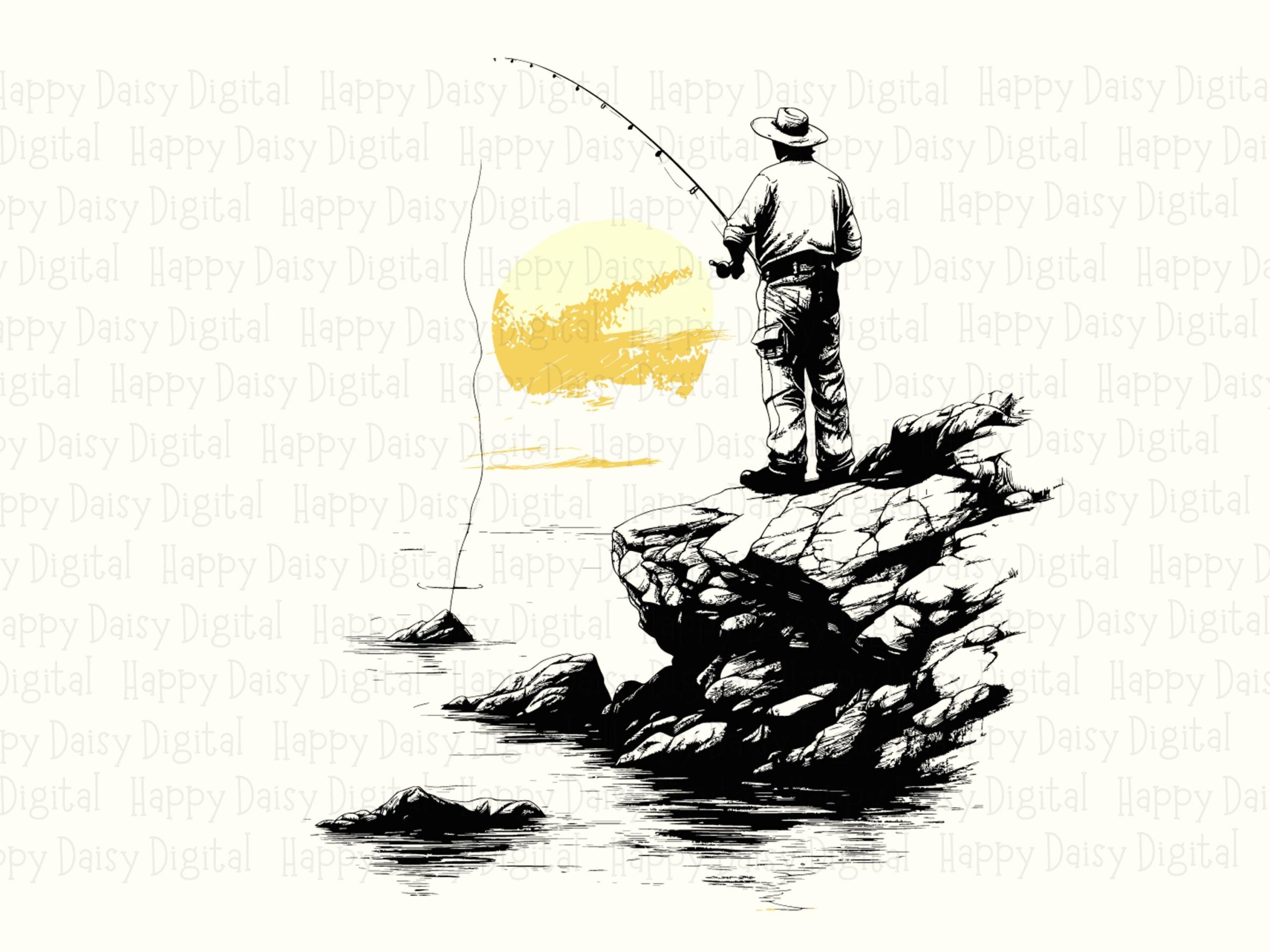 Cliff Angler Ink Art, Yellow Sunset Fisherman PNG, Rocky Shore Silhouette | Black Illustration, 300 DPI - Image 2