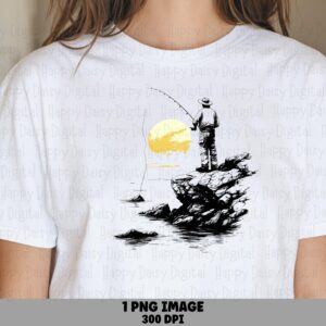 Cliff Angler Ink Art, Yellow Sunset Fisherman PNG, Rocky Shore Silhouette | Black Illustration, 300 DPI