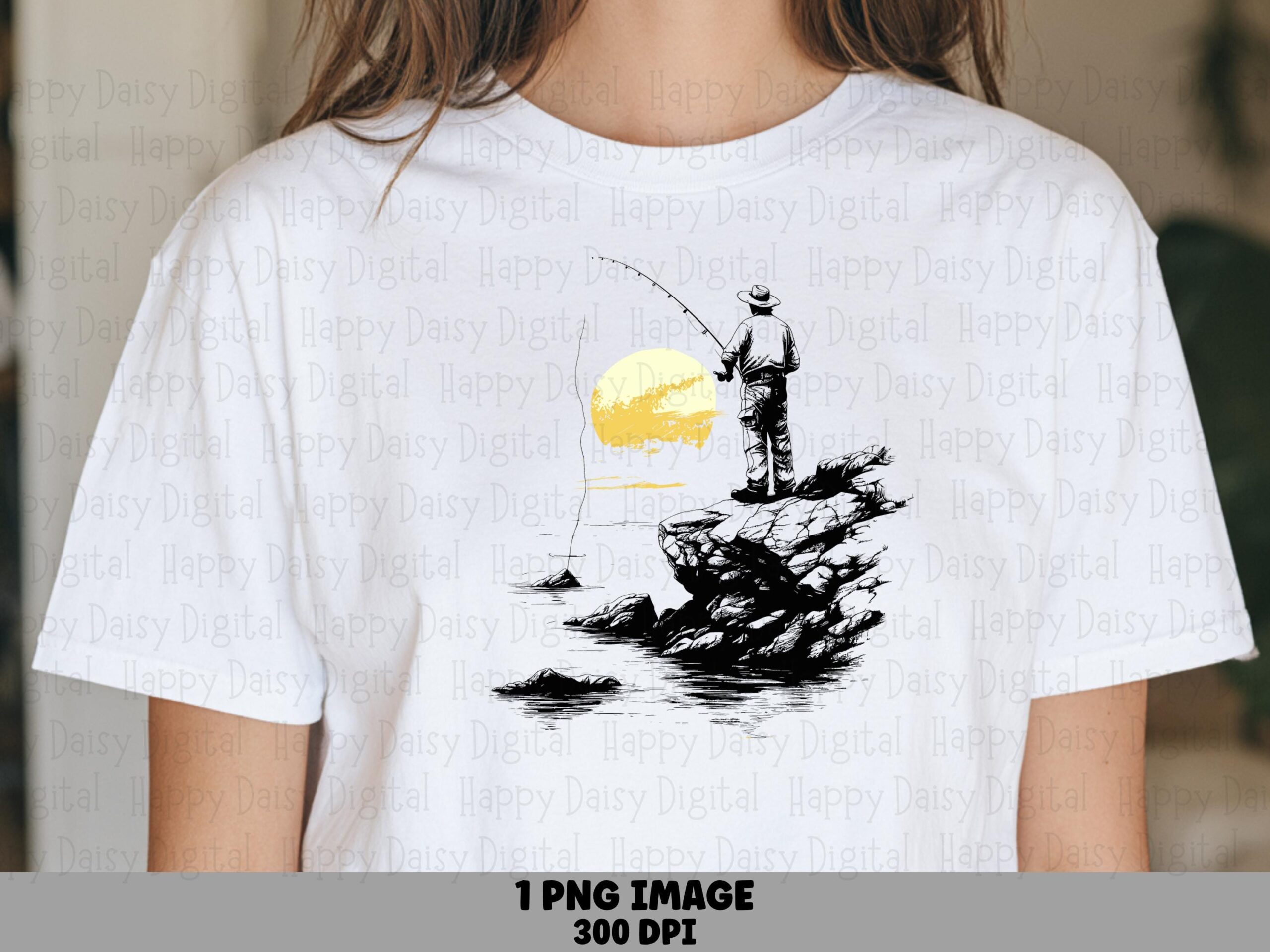 Cliff Angler Ink Art, Yellow Sunset Fisherman PNG, Rocky Shore Silhouette | Black Illustration, 300 DPI