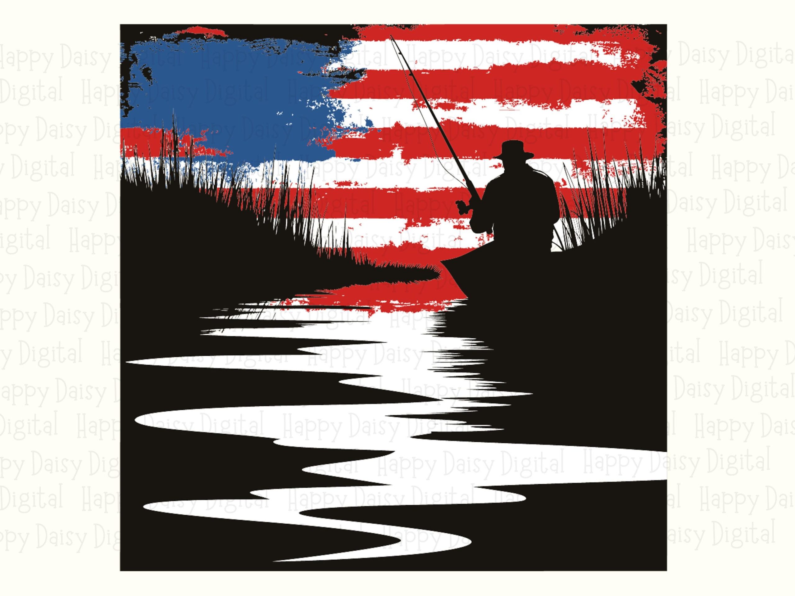 Sublimation PNG, Americana Angler Art | Distressed Flag Fishing Silhouette, Red-White-Blue Swirl - Commercial Use - Image 2