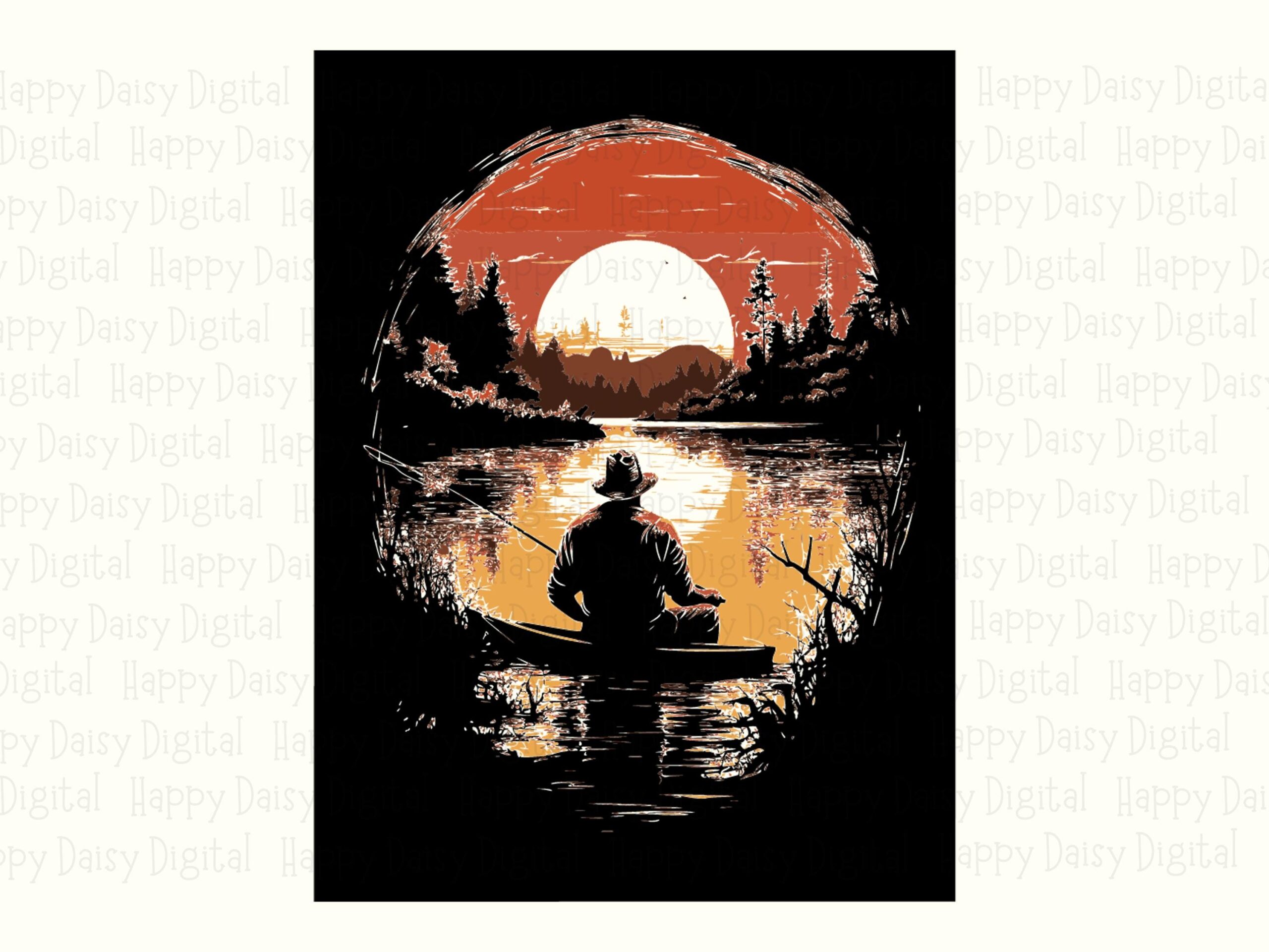 Fisherman PNG Design, Orange Black Sunset Poster, Full Moon Boat Scene | 300 DPI, Sublimation-Ready, Commercial Use - Image 2