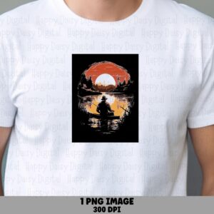 Fisherman PNG Design, Orange Black Sunset Poster, Full Moon Boat Scene | 300 DPI, Sublimation-Ready, Commercial Use