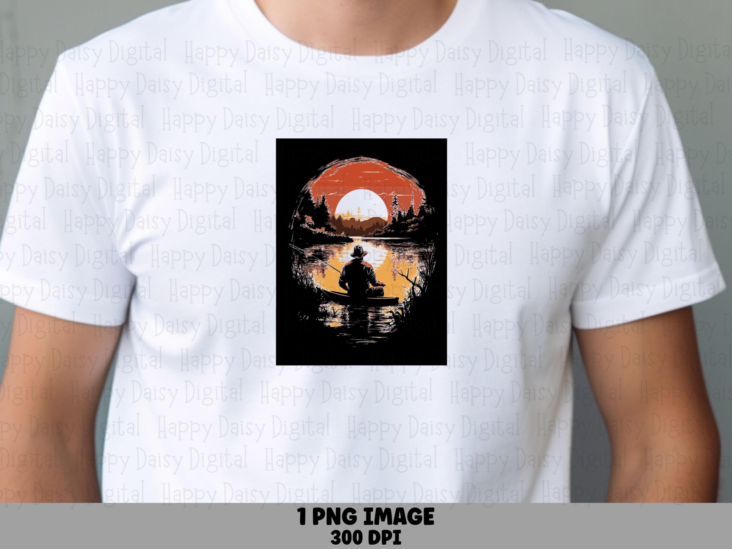 Fisherman PNG Design, Orange Black Sunset Poster, Full Moon Boat Scene | 300 DPI, Sublimation-Ready, Commercial Use