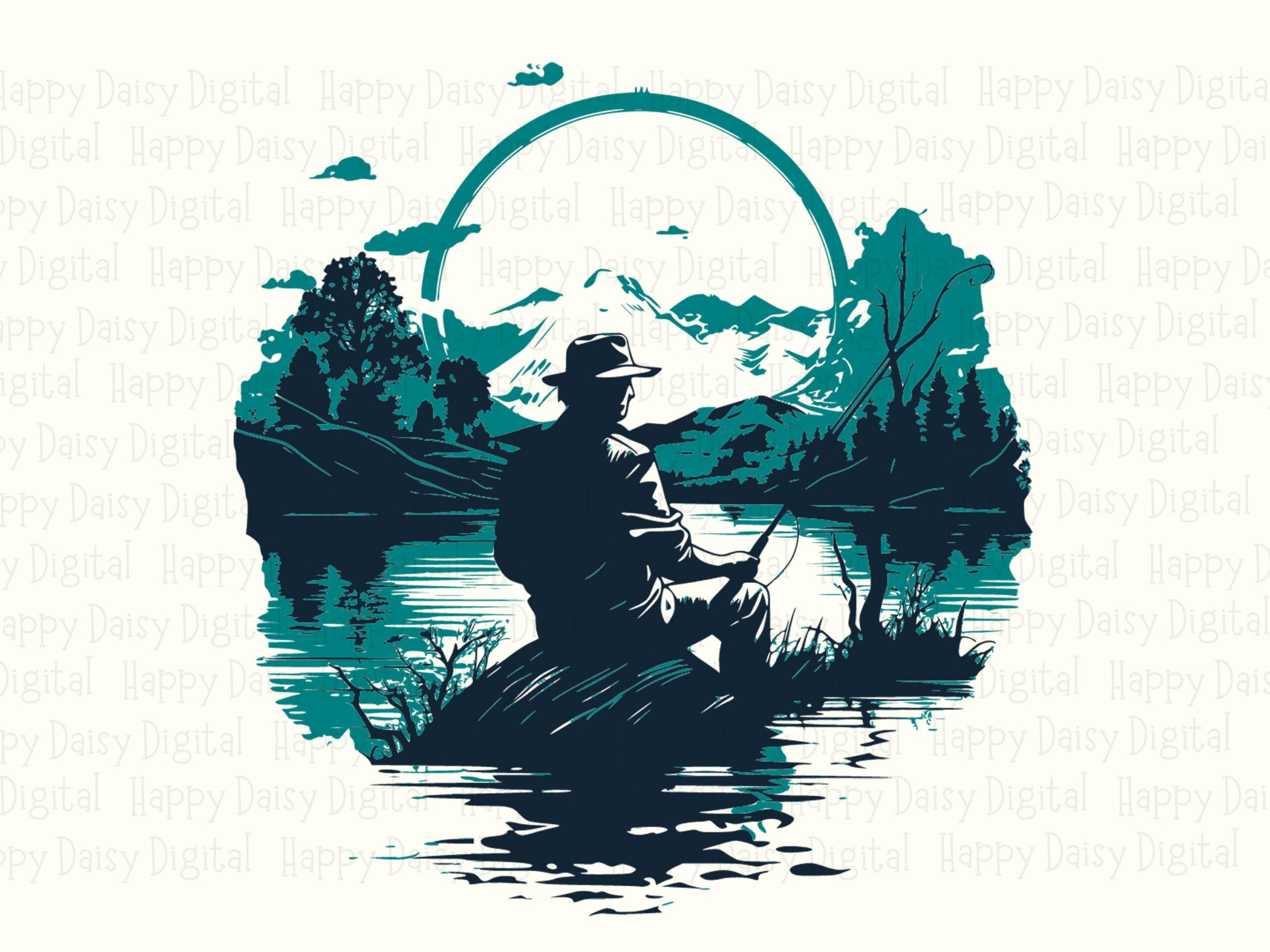 Fisherman PNG Design, Teal Navy Mountain Lake Scene | Sublimation, Commercial Use, 300 DPI, Clipart - Image 2