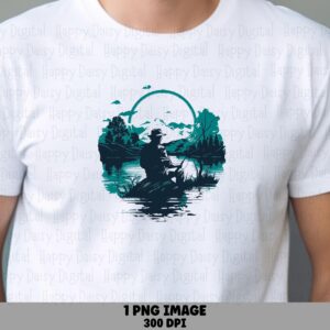 Fisherman PNG Design, Teal Navy Mountain Lake Scene | Sublimation, Commercial Use, 300 DPI, Clipart