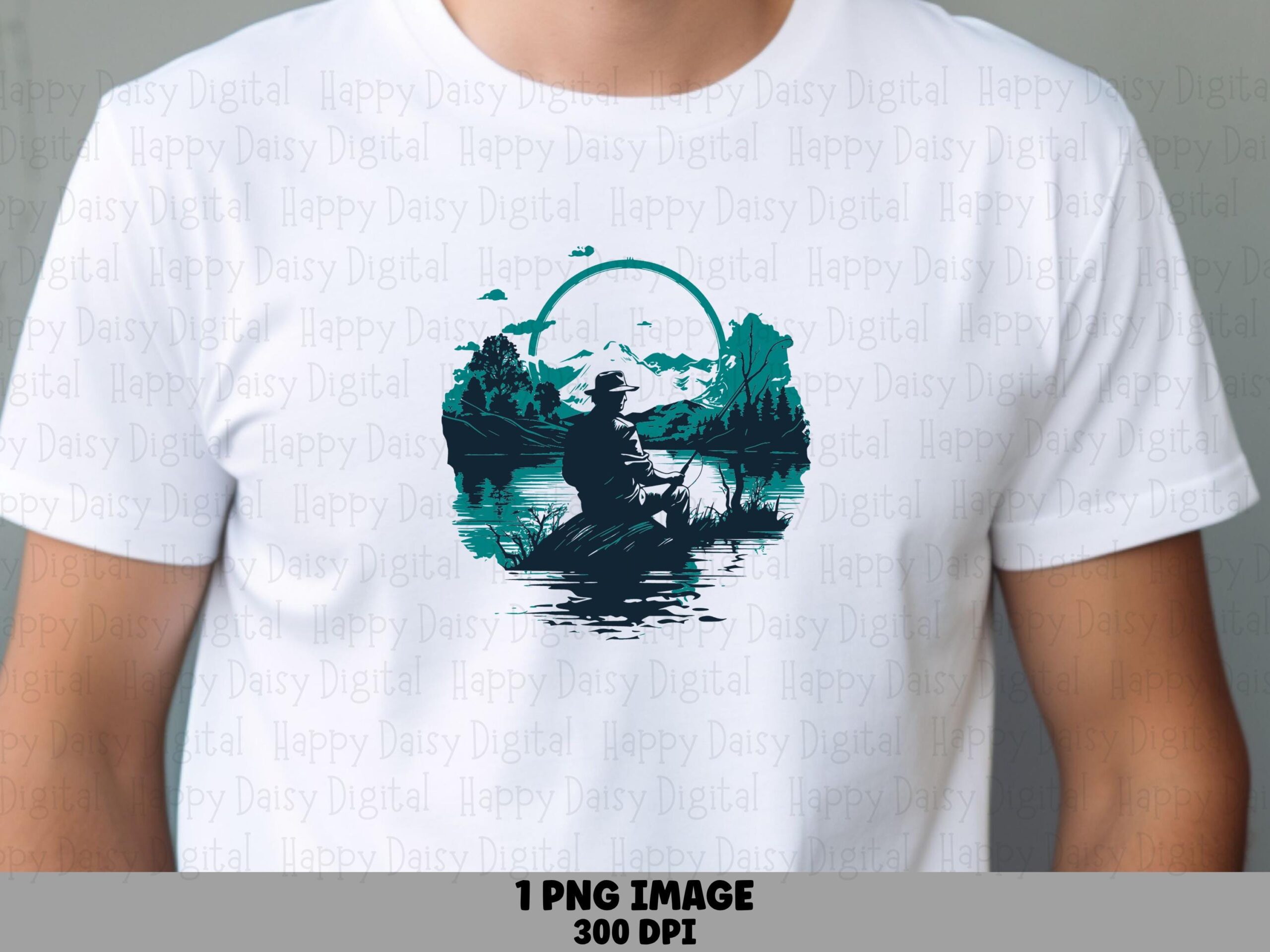 Fisherman PNG Design, Teal Navy Mountain Lake Scene | Sublimation, Commercial Use, 300 DPI, Clipart
