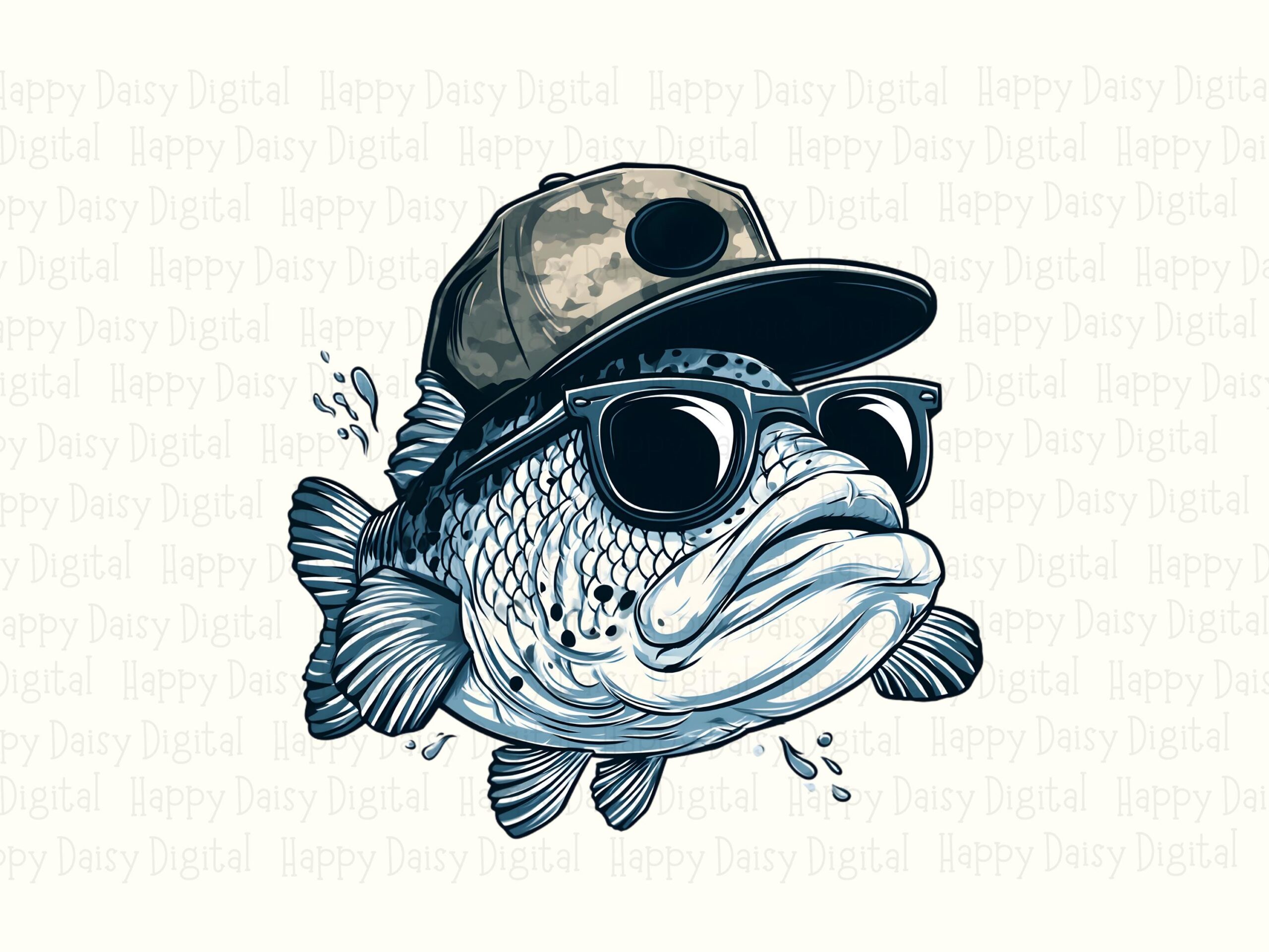 Bass Wearing Shades, Camo Cap Largemouth PNG | Sublimation Commercial Use | 300 DPI, Transparent Background - Image 2
