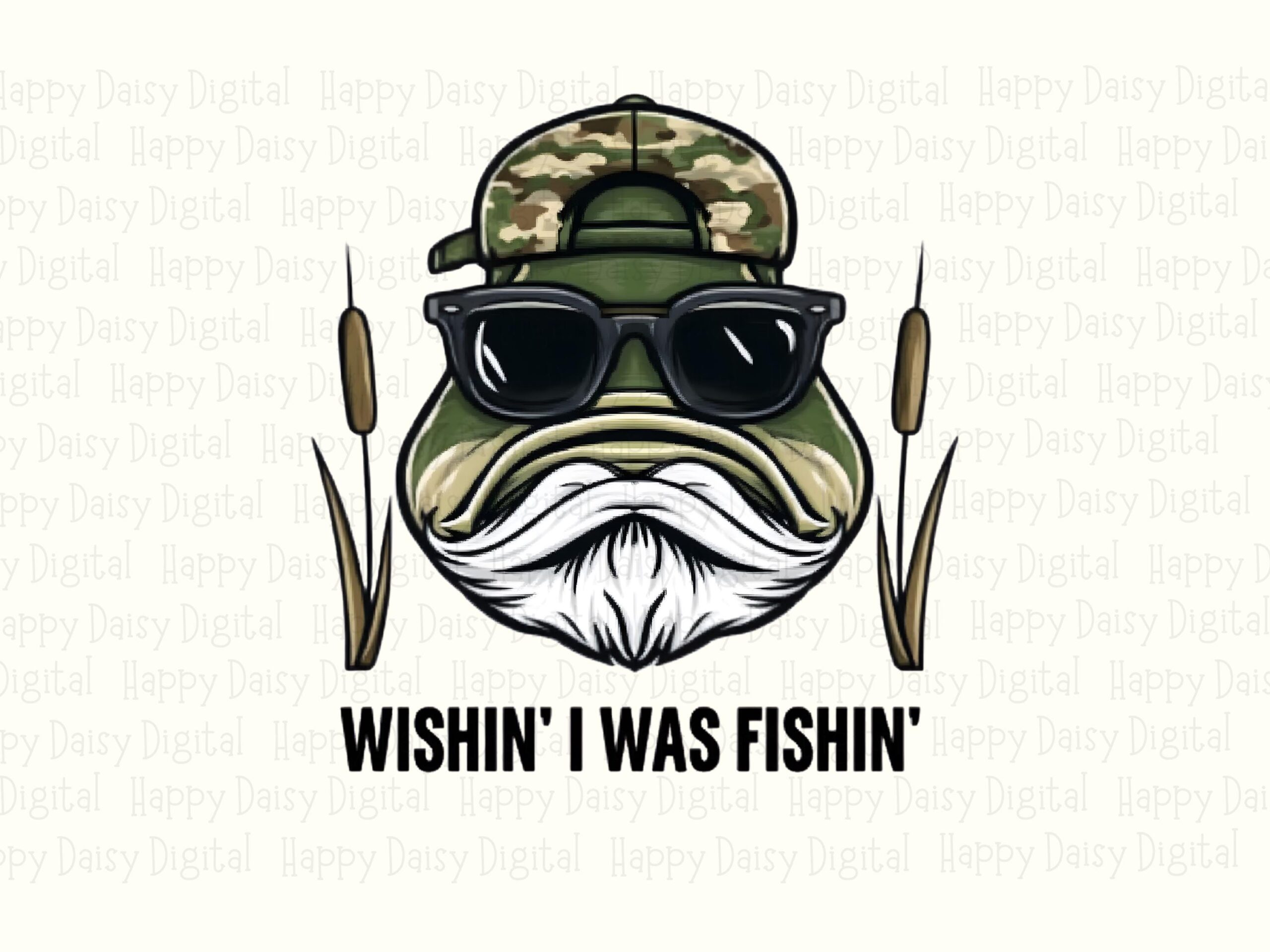 Bearded Bass Mascot PNG, Camo Cap Sunglasses Character, Cattail Reed Accents (300 DPI, Sublimation) - Image 2