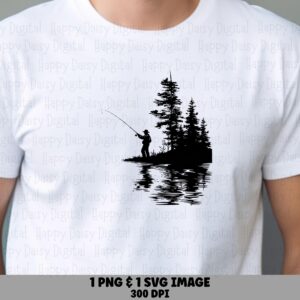 Lakeside Pine Trees, Tranquil Fishing PNG SVG | Sublimation Files, Commercial Use, Print-Ready 300 DPI